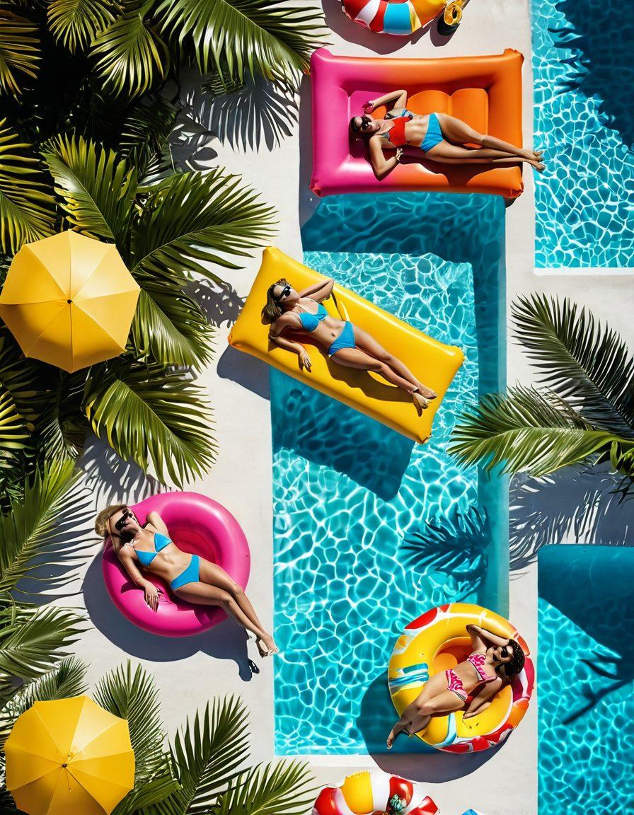 A vibrant beach scene featuring stylish swimwear models lounging by a glistening pool under a bright sun. Include tropical plants and colorful pool floats to enhance the lively atmosphere. Showcase trendy swimwear designs in various colors and patterns that reflect the latest fashion. Capture a summery, relaxed vibe with people enjoying cocktails and sunbathing. bright colors. 3D. tropical style.