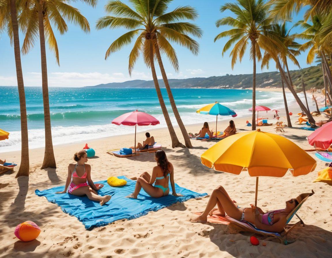 A sunny beach scene featuring vibrant swimwear trends like stylish bikinis and swim trunks, with colorful beach umbrellas and towels scattered on golden sand. Include a diverse group of people enjoying the sun, playing beach volleyball, and sipping colorful drinks. The ocean waves gently lapping in the background add a refreshing feel. The overall atmosphere should be lively and inviting, evoking the essence of summer fun. bright colors. beach aesthetic. 3D.